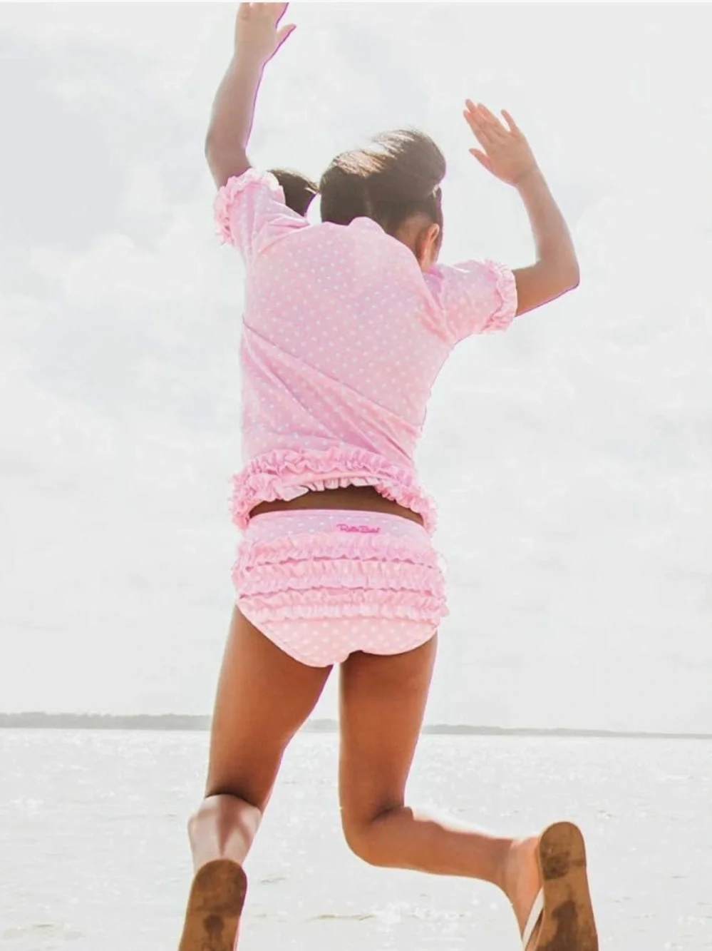 RuffleButts Toddler Girls Rash Guard 2-Piece Swimsuit Pink Polka Dot